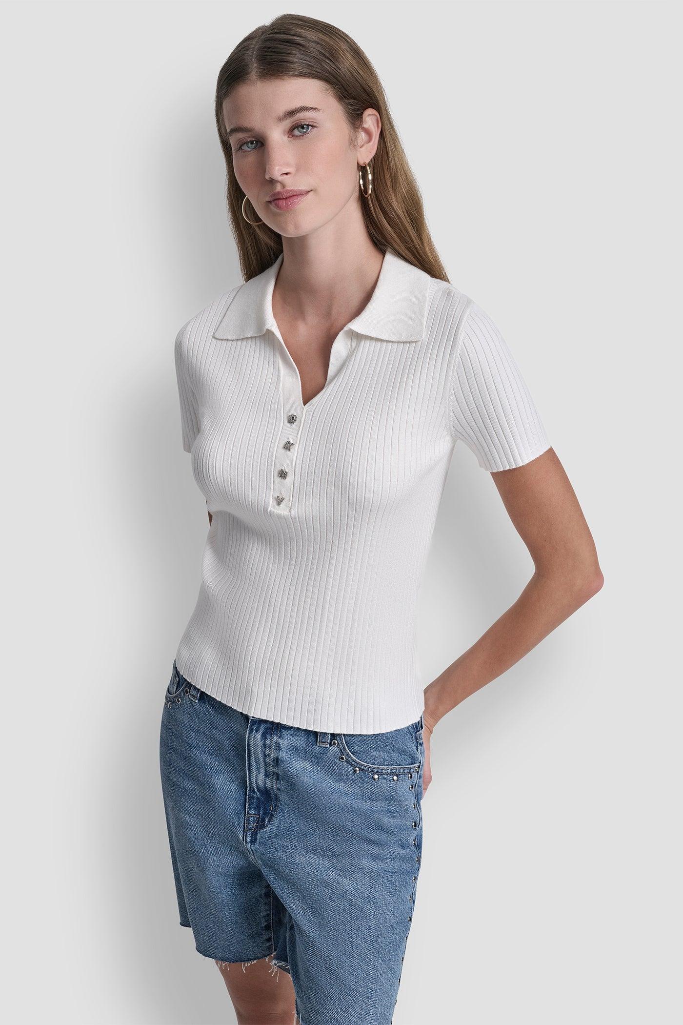 RIBBED POLO WITH RHINESTONE BUTTONS Product Image