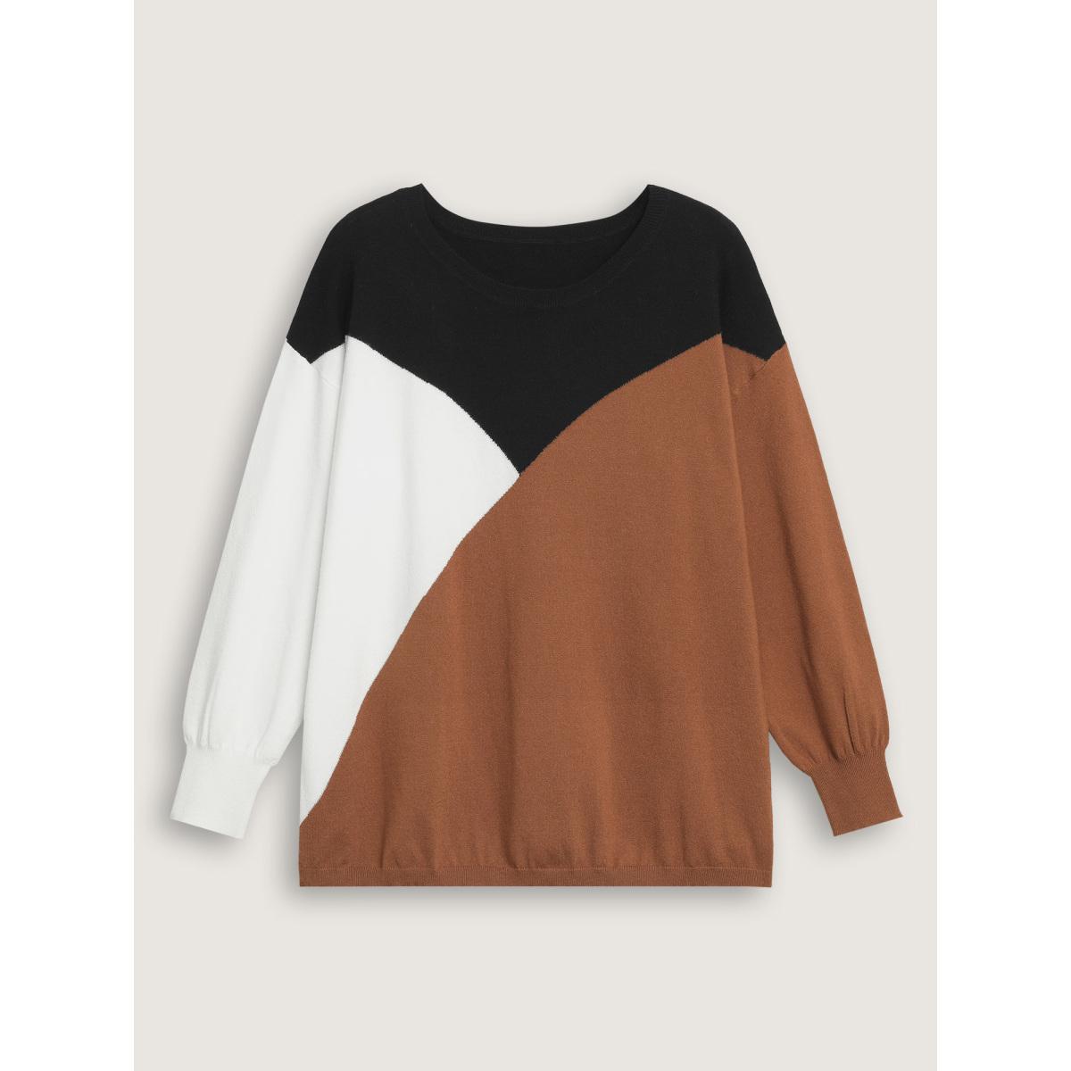 Plus Size Supersoft Essentials Colorblock Contrast Pullover Browncoffeecolor Women Leisure Long Sleeve Round Neck Casual Pullovers BloomChic 12/L Product Image