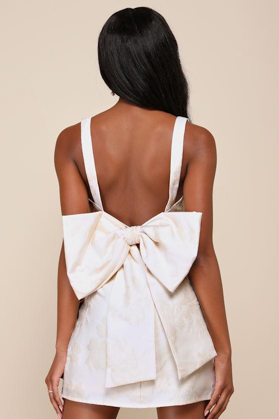 Flirtatious Poise Ivory Jacquard Bow Back Mini Dress Product Image