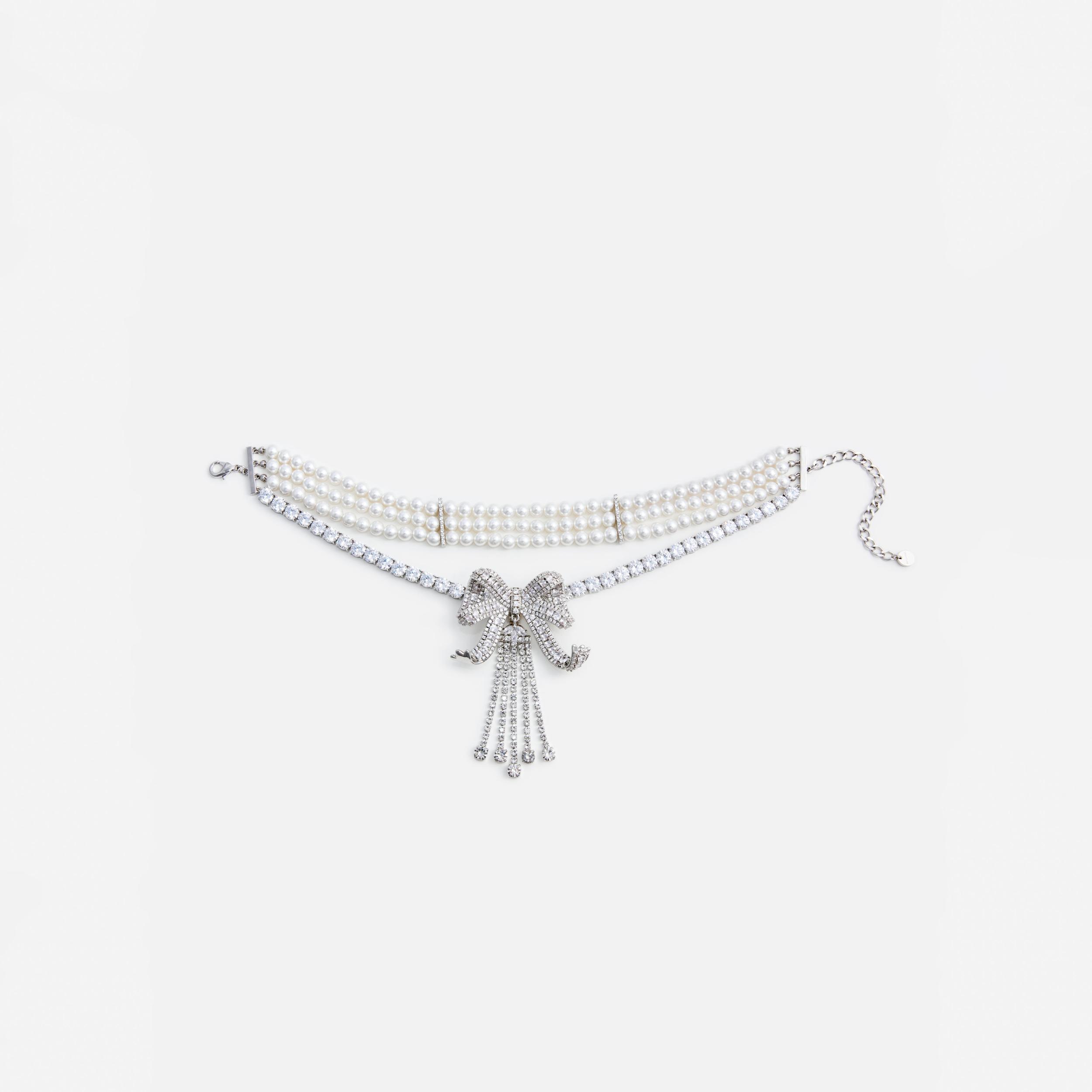 Crystal Bow Droplet Pearl Necklace Product Image