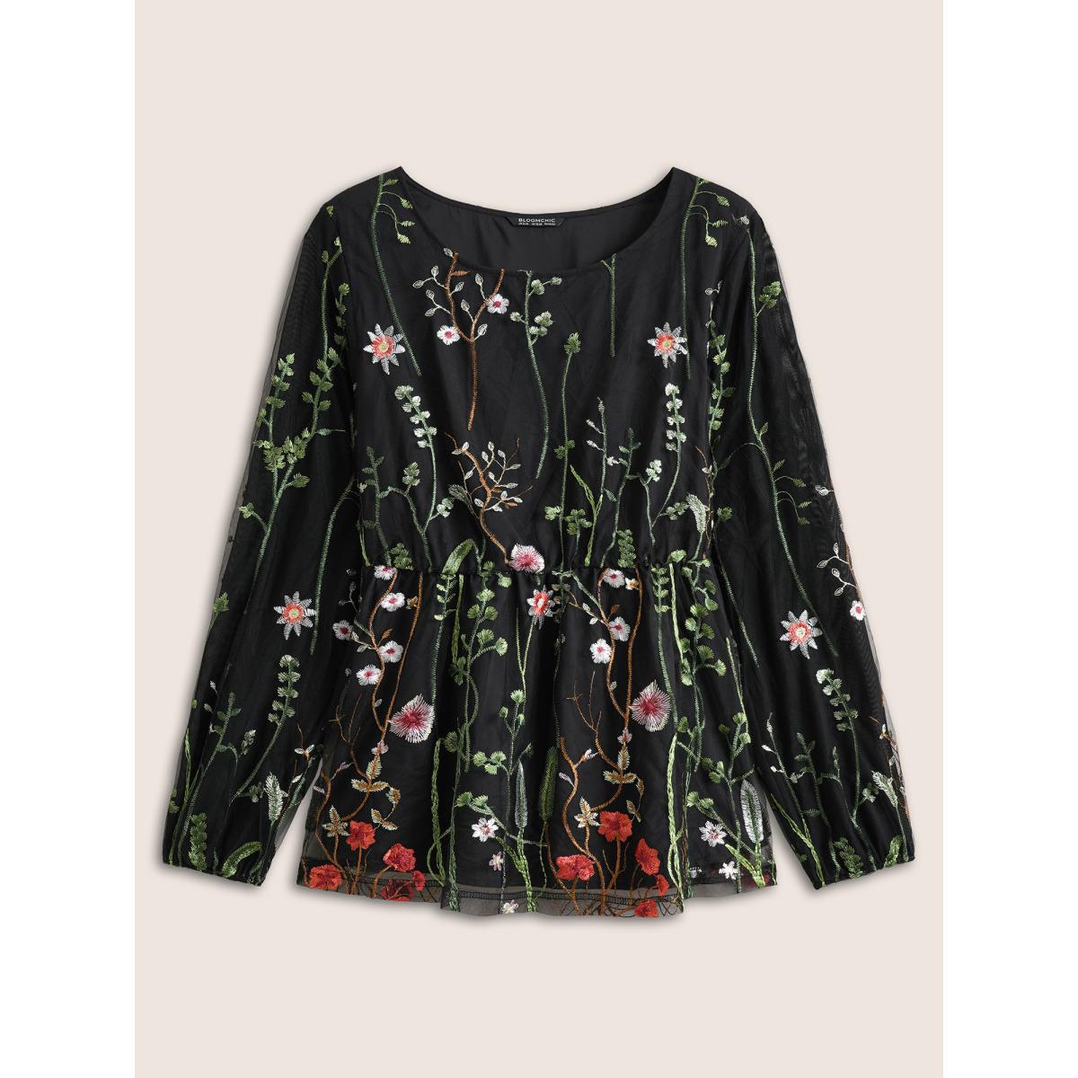 Plus Size Black Plants Embroidered Mesh Crochet Gathered Blouse Women Cocktail Long Sleeve Round Neck Party Blouses BloomChic 10/M Product Image
