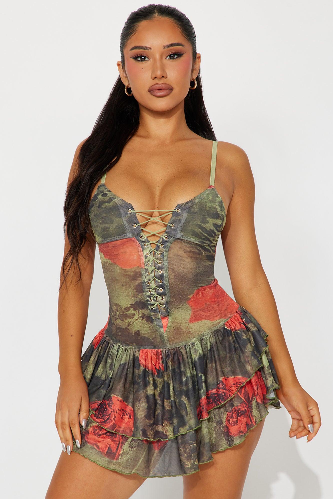 Waverly Lace Up Mesh Mini Dress - Green/combo Product Image