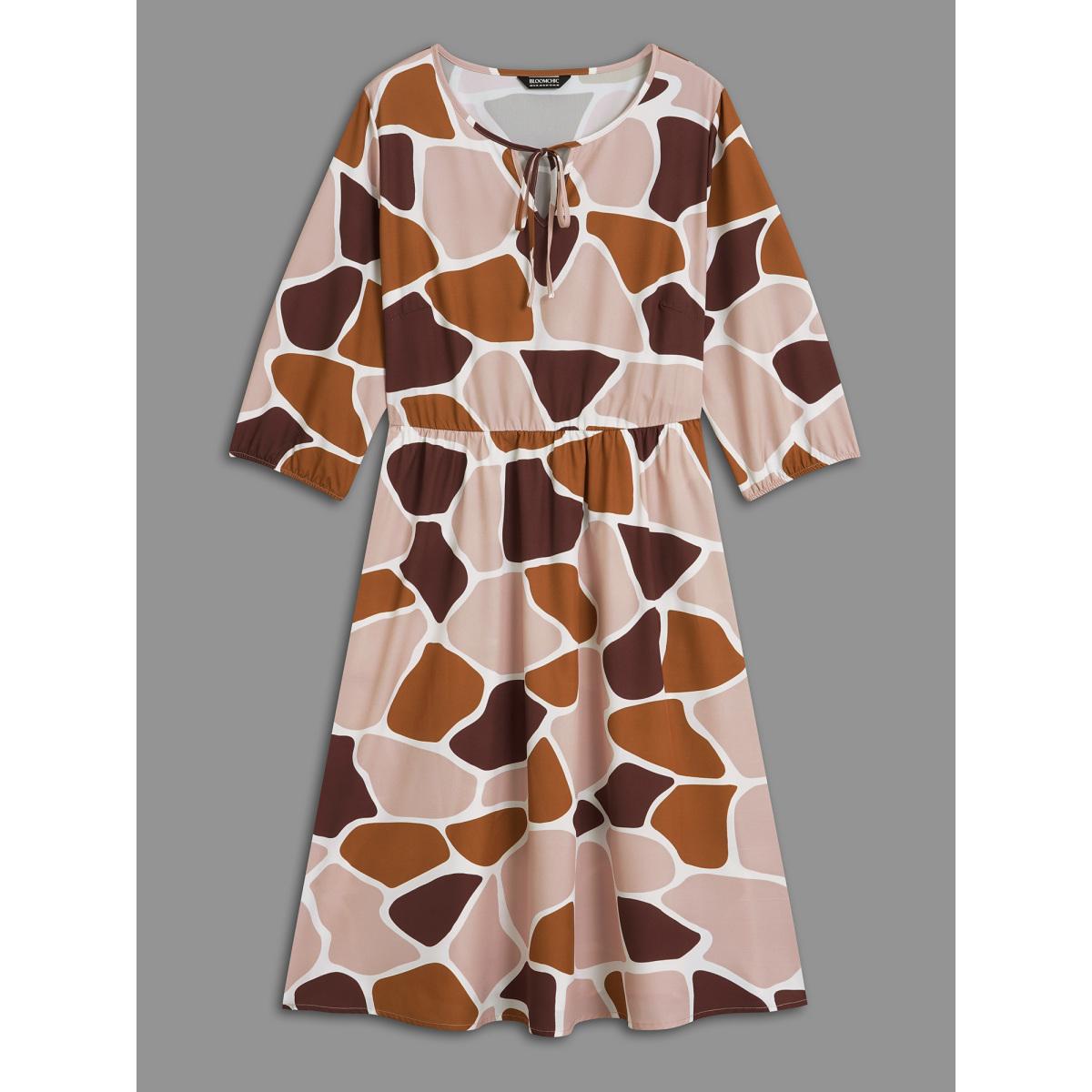 Plus Size Neck-Tie Color Block Waist Cinched Dress Multicolor Women Casual Tie knot V-neck Elbow-length sleeve Curvy BloomChic 10/M Product Image