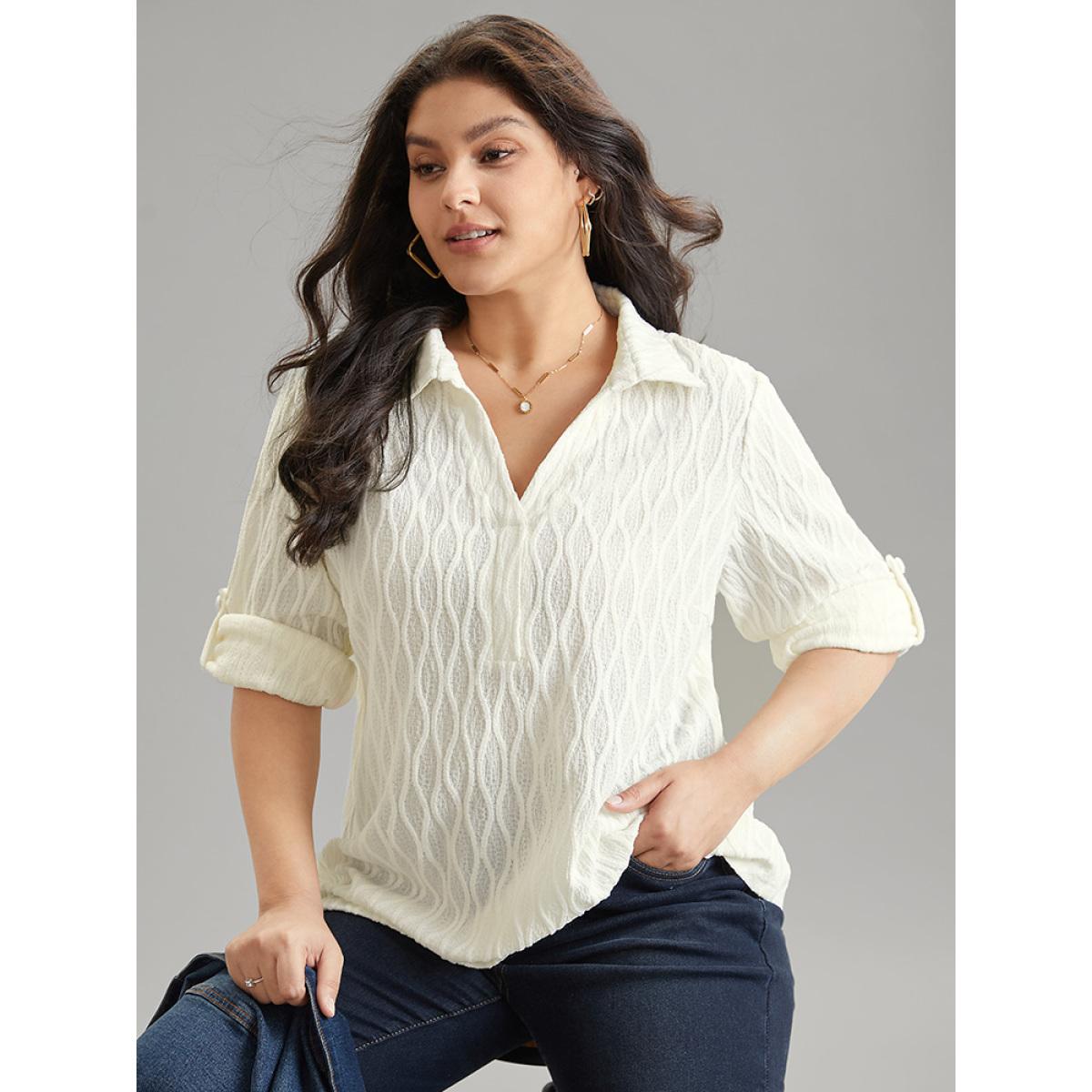 Plus Size Ivory Plain Shirt Collar Tab Sleeve Jacquard Blouse Women Casual Long Sleeve Shirt collar Office Blouses BloomChic 12/L Product Image