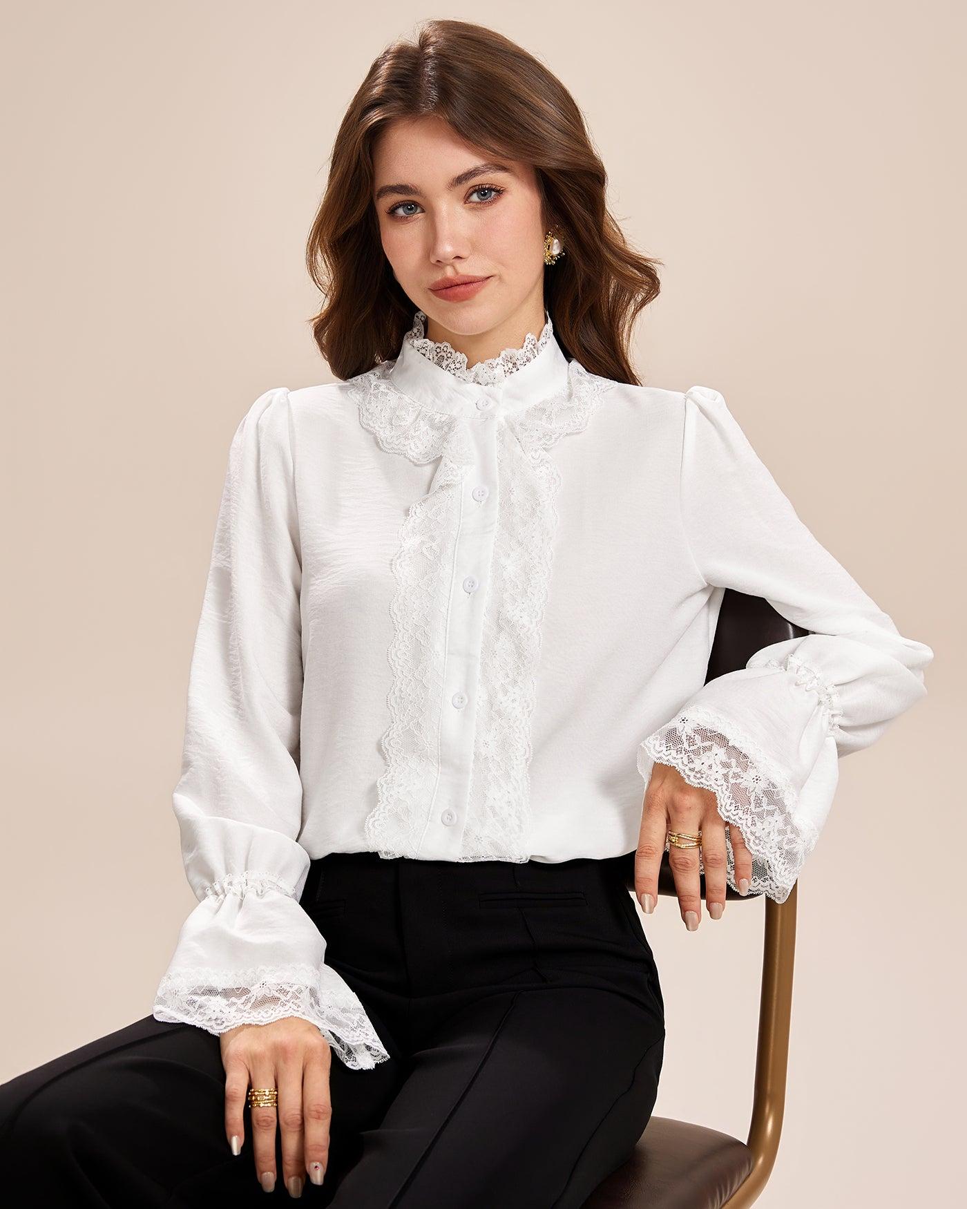 White Turtle Poet Sleeve Lace Shirt Product Image