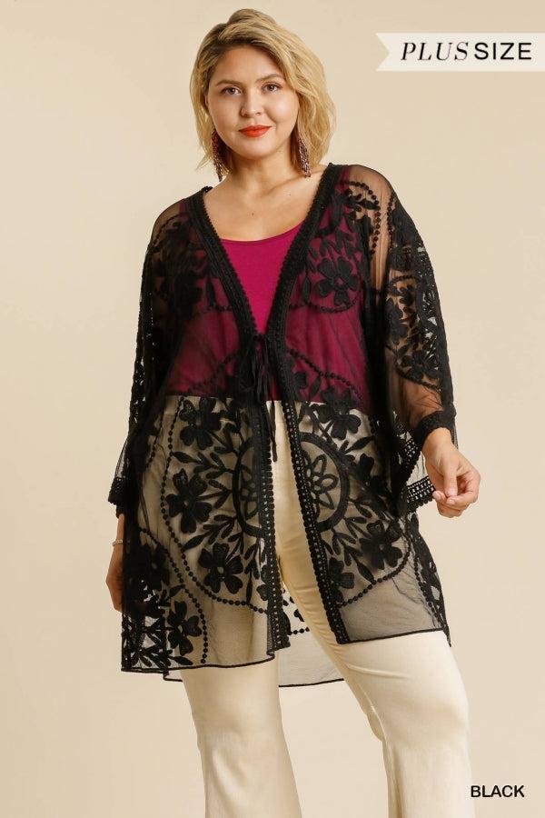 1136   ReeAnn Floral Lace Kimono w/ Waist Tie - Reg & Plus Product Image