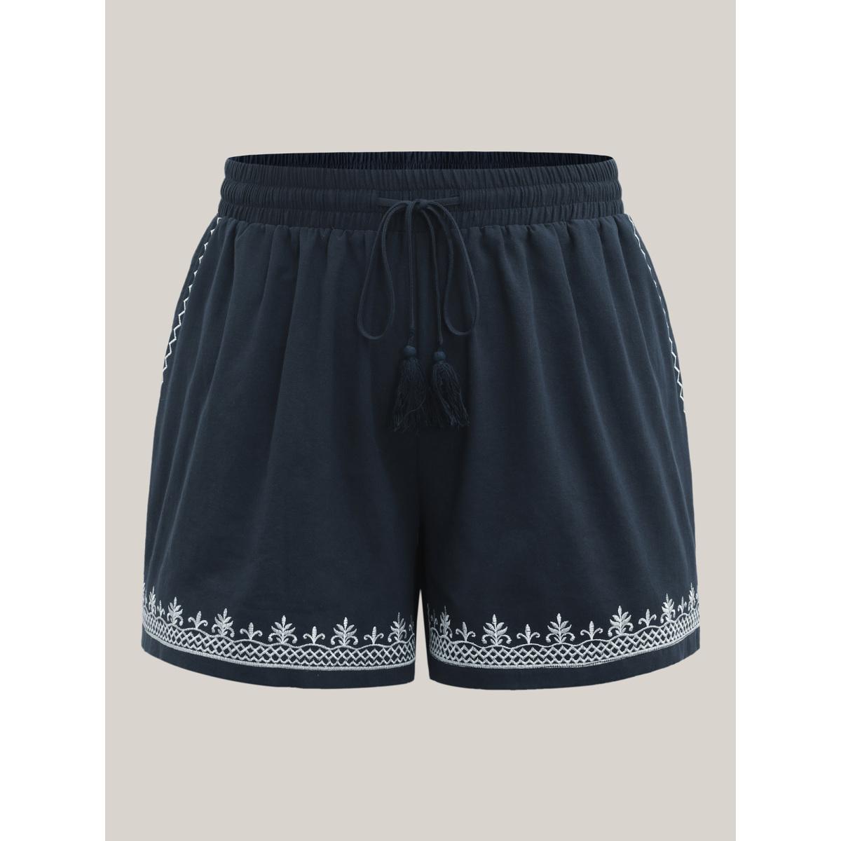 Plus Size Cotton Embroidered Hem Wide-Leg Solid Shorts Women Midnight Boho Embroidered Wide Leg Vacation Shorts BloomChic 26/4X Product Image