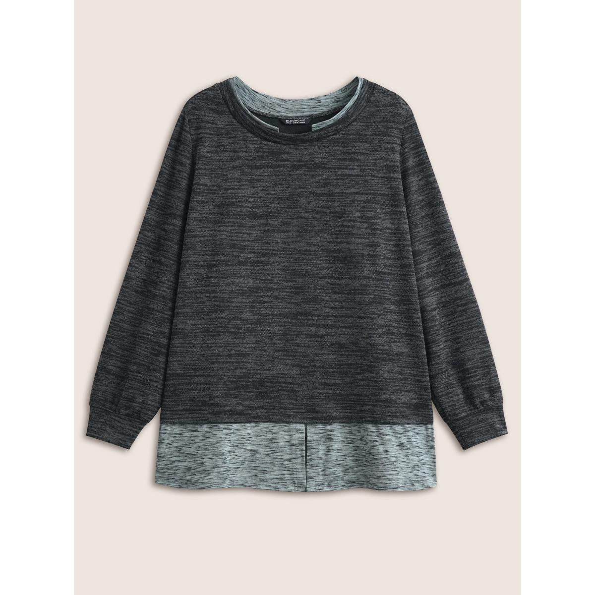 Plus Size 2-In-1 Heather Patchwork Sweatshirt Women Black Casual Contrast Round Neck Everyday Sweatshirts BloomChic 30/6X Product Image