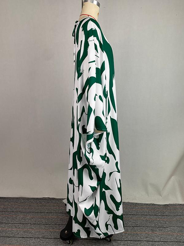 Batwing Sleeves Loose Contrast Color Printed Round-Neck Maxi Dresses Product Image