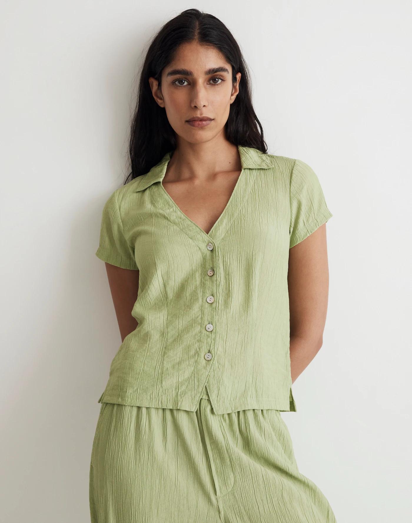 Notched V-Neck Button-Up Top Product Image