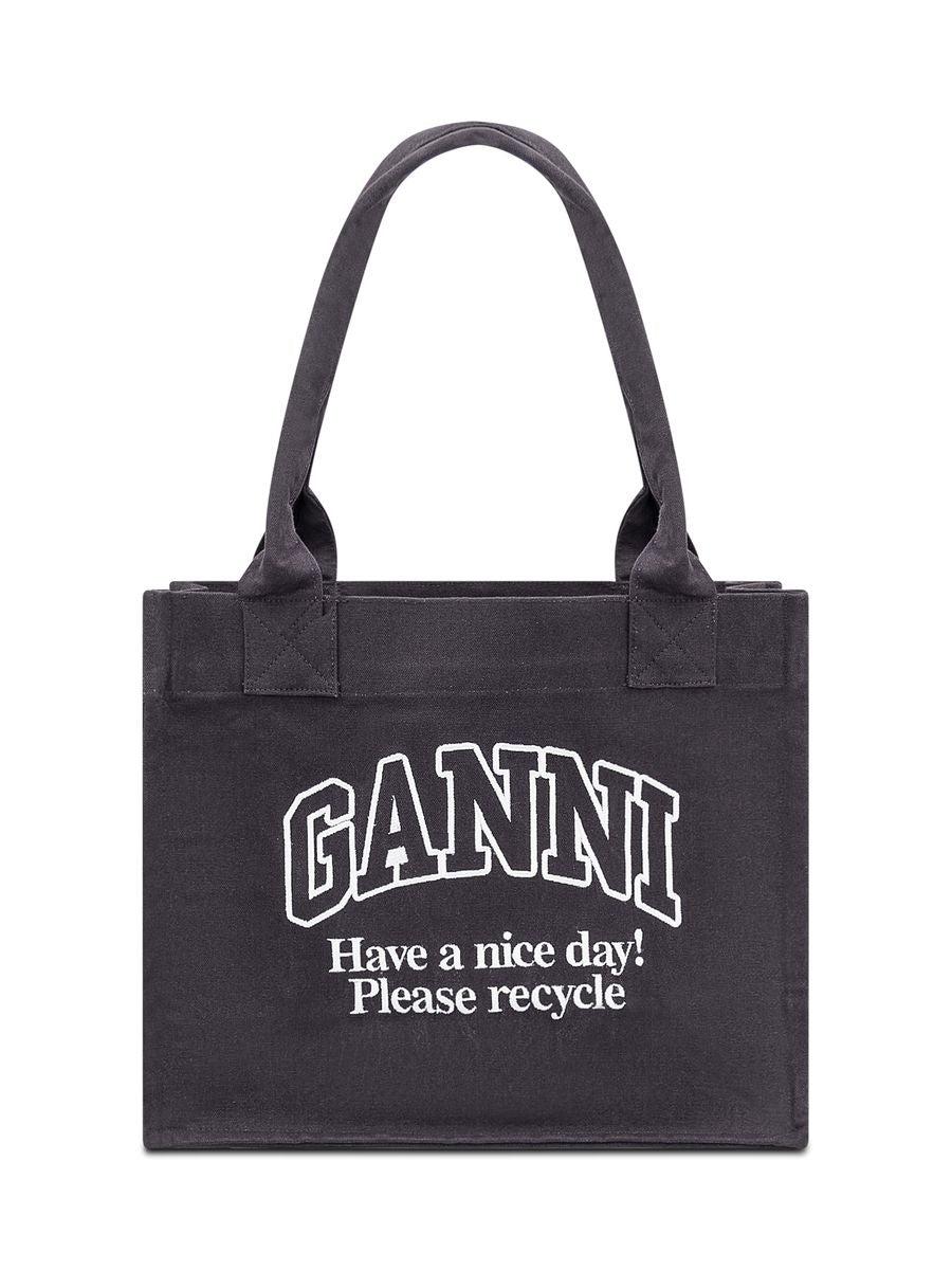 GANNI Black Shopper With Embroidered Logo On The Front In Denim Woman In Multicolor Product Image