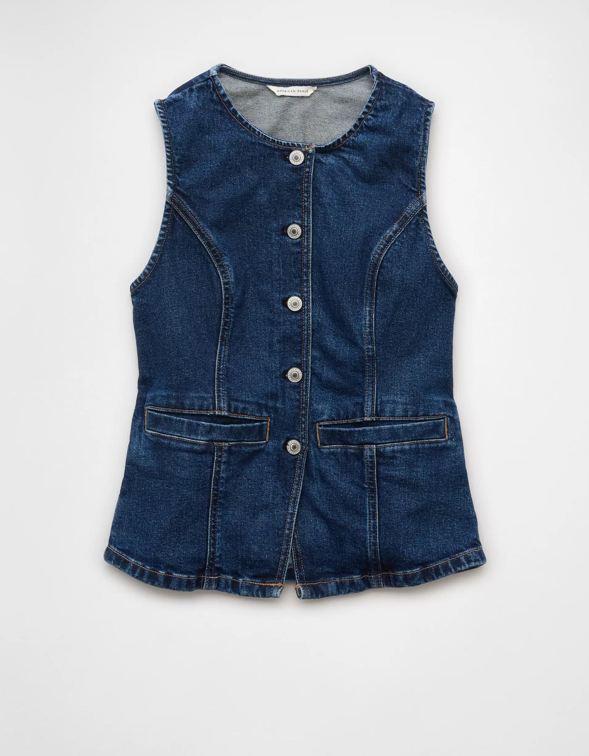 AE Crew Neck Button-Up Denim Vest Product Image