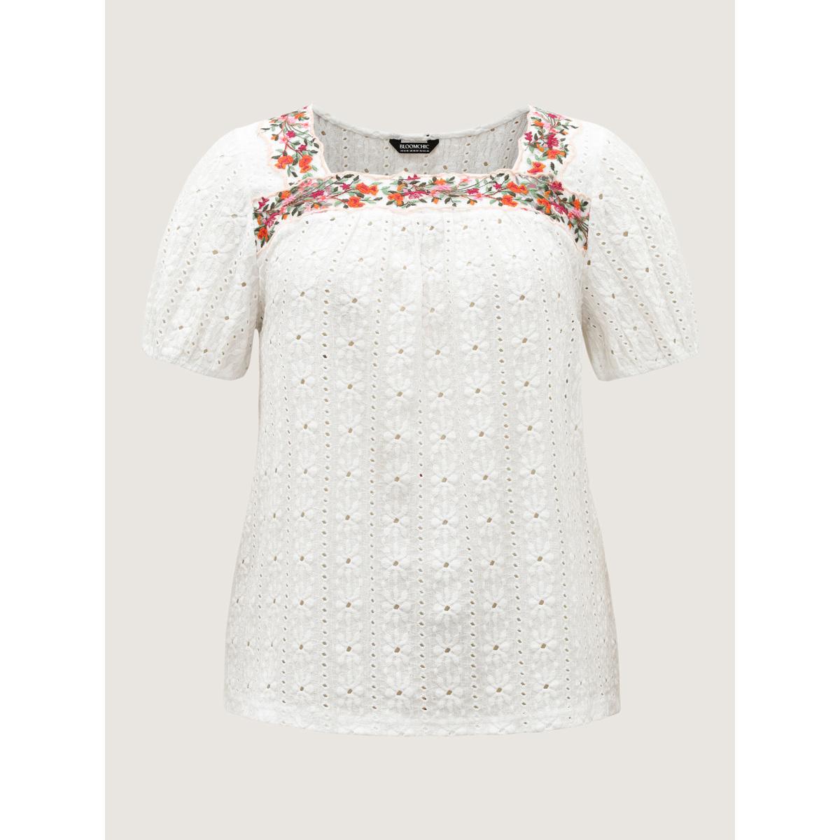 Plus Size Eyelet Trim Floral Embroidered Solid T-Shirt Opticwhite Women Romantic Woven ribbon&lace trim Square Neck Elegant T-shirts BloomChic 22-24/3X Product Image