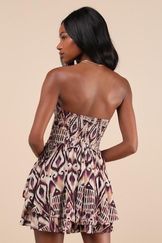 Carefree Energy Taupe Boho Print Lace-Up Strapless Tiered Romper Product Image