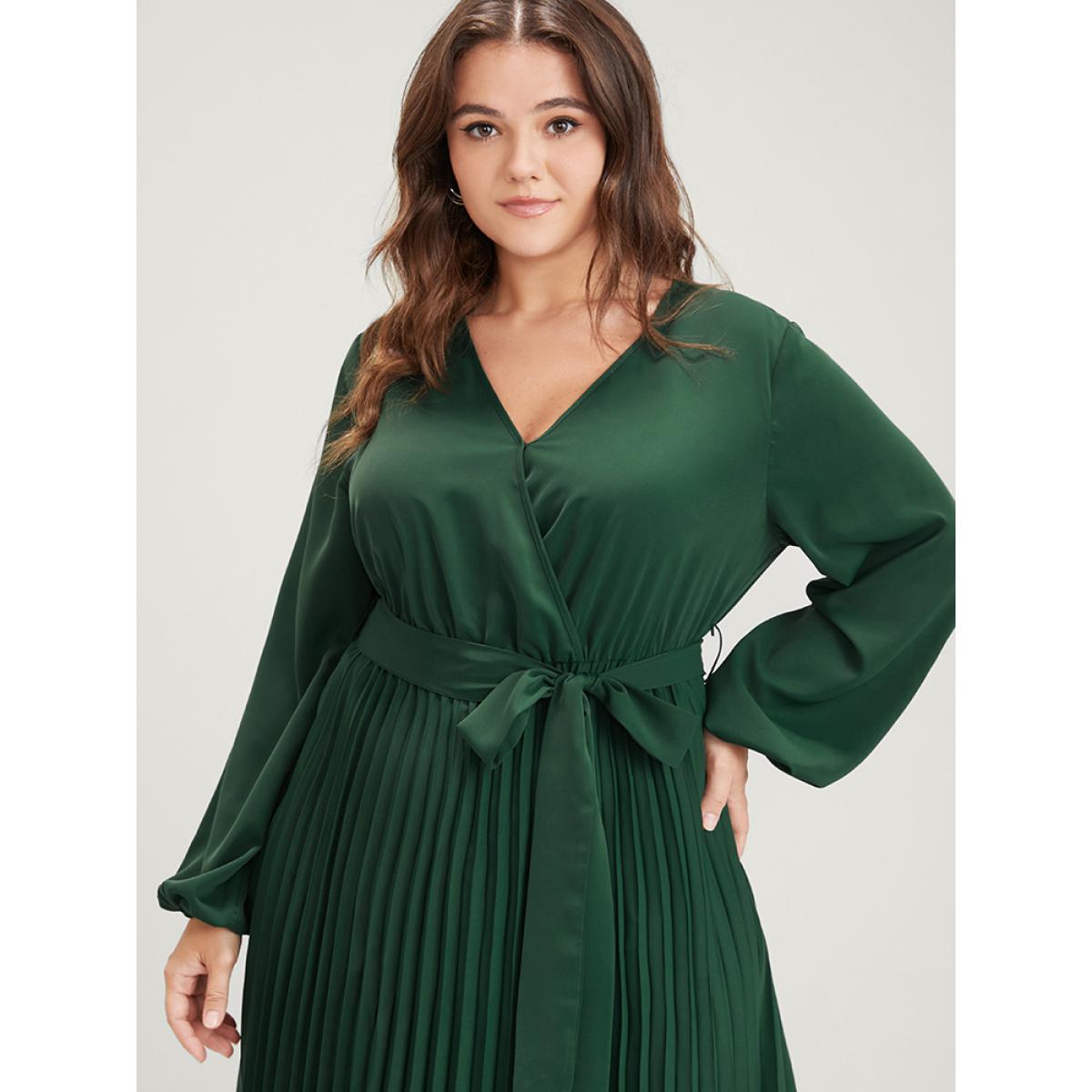 Plus Size Solid Lantern Sleeve Belted Pleated Wrap Dress DarkGreen Women Leisure Plain V-neck Long Sleeve Curvy Midi Dress BloomChic 10/M Product Image