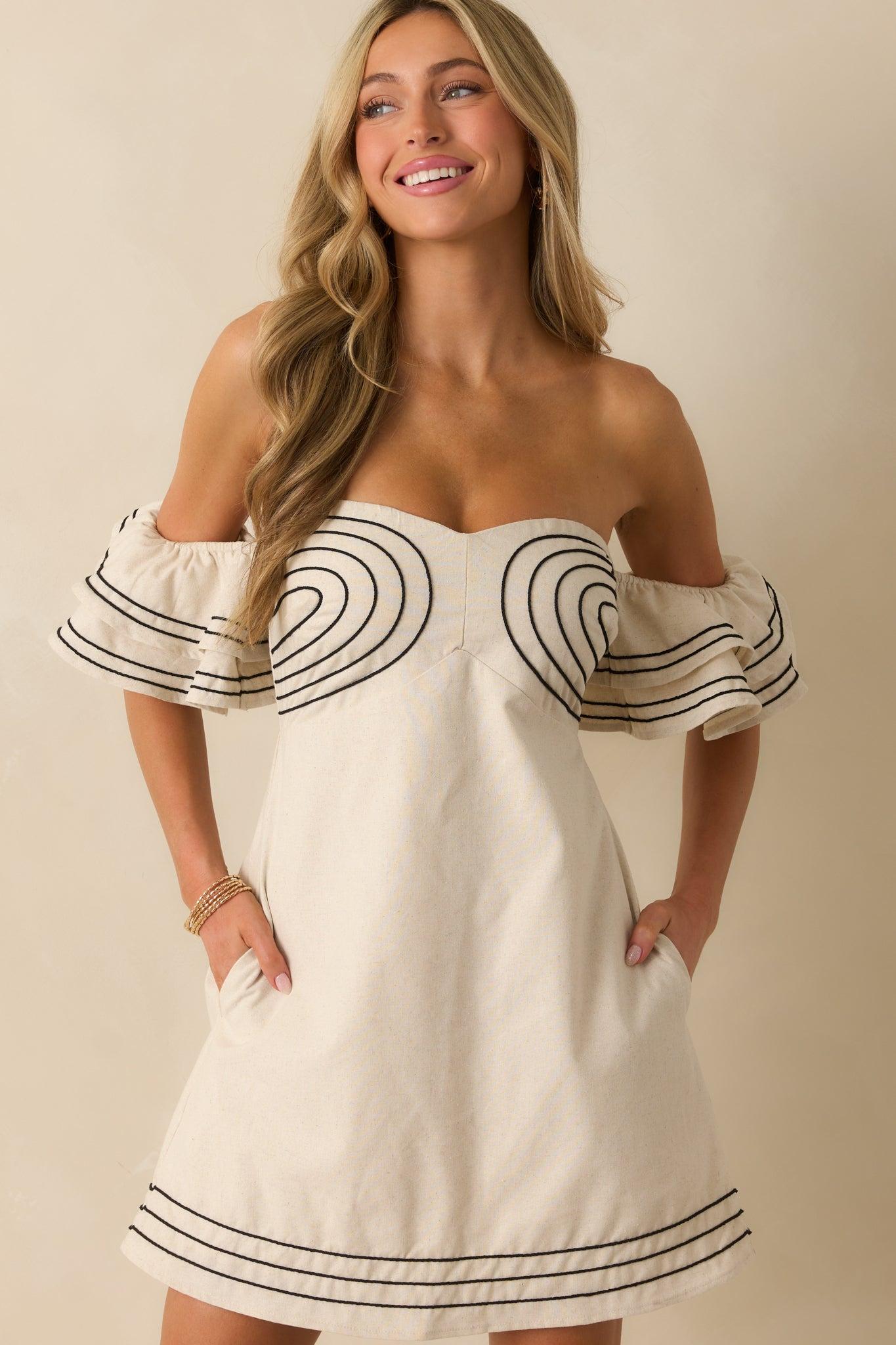 Left An Impression Natural Linen Blend Off The Shoulder Mini Dress Product Image