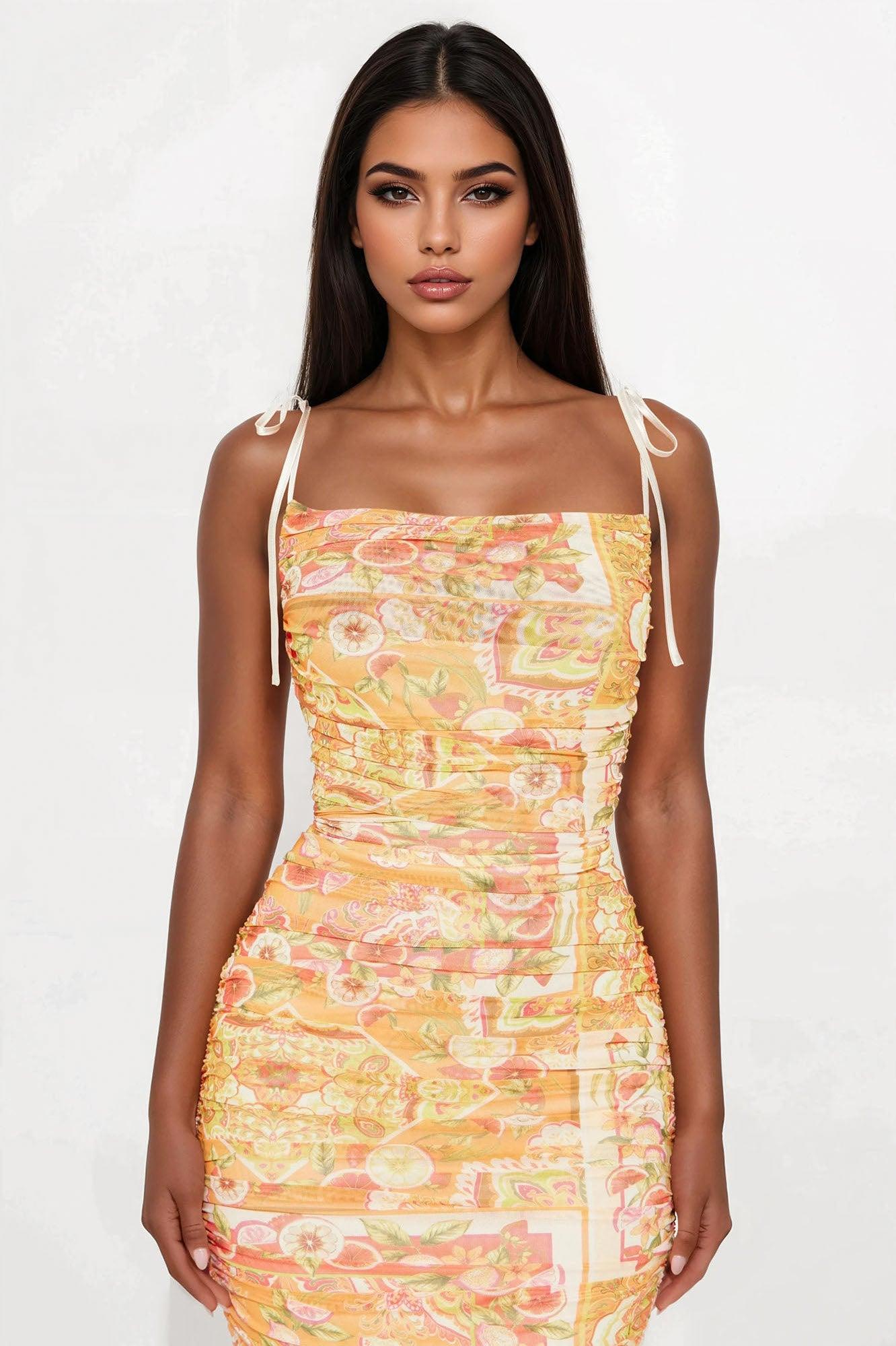 Citrus Bliss Fruit Print Mesh Midi Dress - Orange/combo Female Product Image