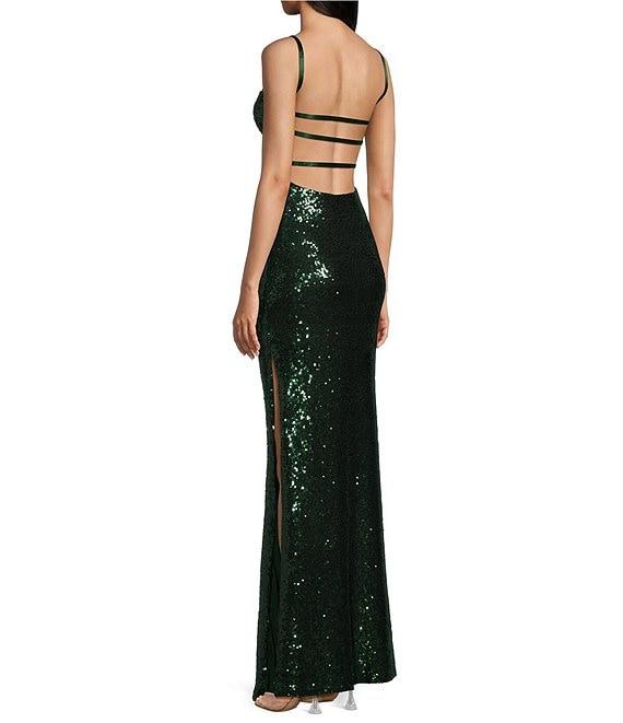 B. Darlin Spaghetti Strap Sleeveless Sequin Sweetheart Long Dress Product Image