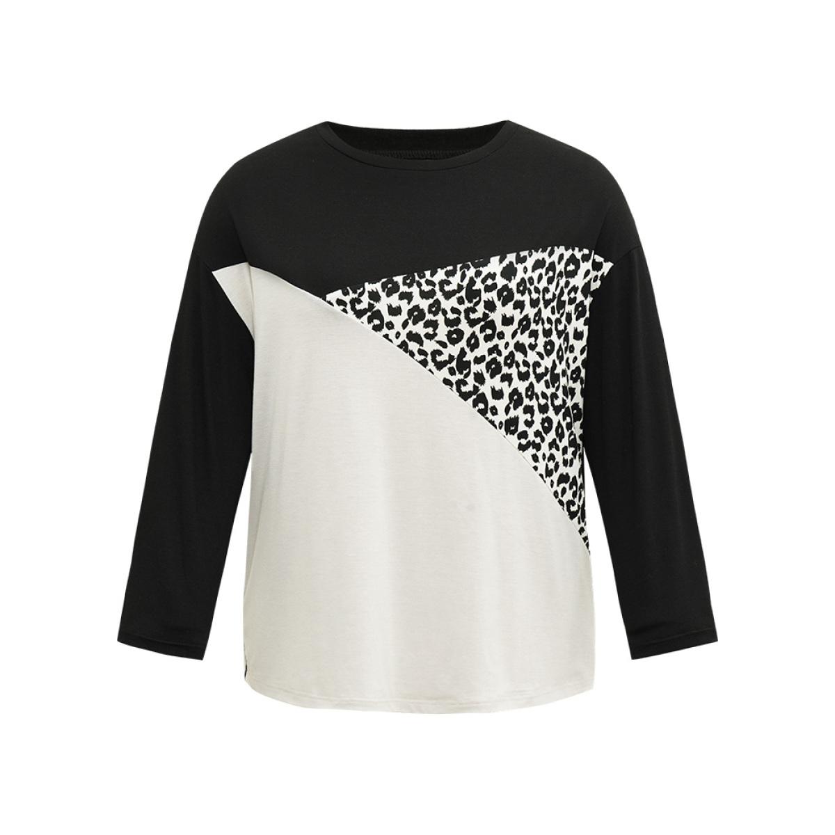 Plus Size Leopard Print Colorblock Patchwork T-shirt Black Women Casual Contrast Patchwork Round Neck Dailywear T-shirts BloomChic 28/5X Product Image