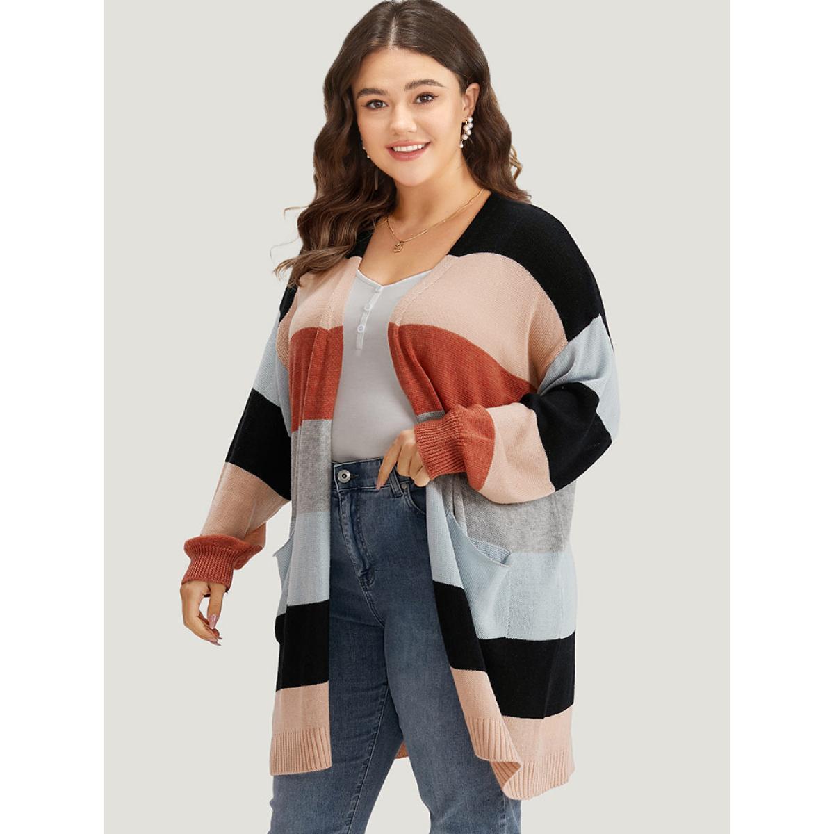 Plus Size Supersoft Essentials Colorblock Patched Pocket Tunic Cardigan Multicolor Women Casual Loose Long Sleeve Dailywear Cardigans BloomChic 12/L Product Image