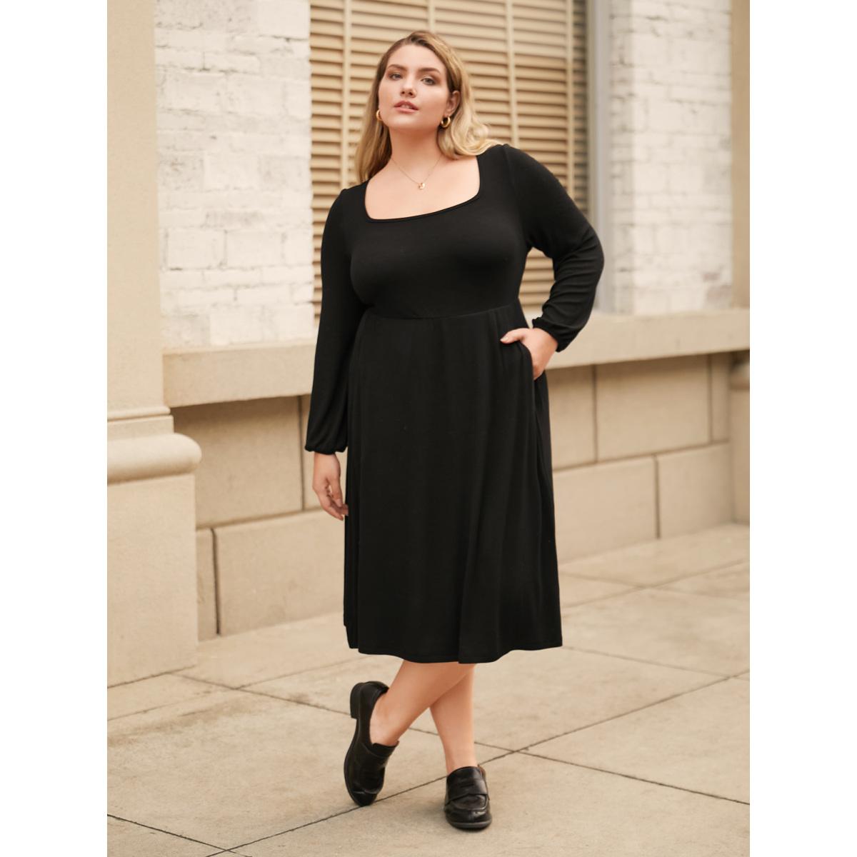 Plus Size Supersoft Essentials Elastic Waist Midi Dress Black Women Basics Texture Square Neck Long Sleeve Curvy BloomChic 18-20/2X Product Image