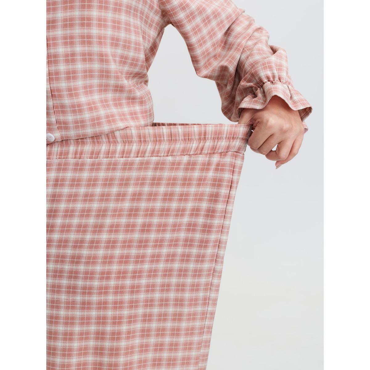 Plus Size Gingham Ruffled Hem Loungewear Set Women Rouge Button Extra Long Sleeve Round Neck Leisure Loungewear Sets BloomChic 26/4X Product Image