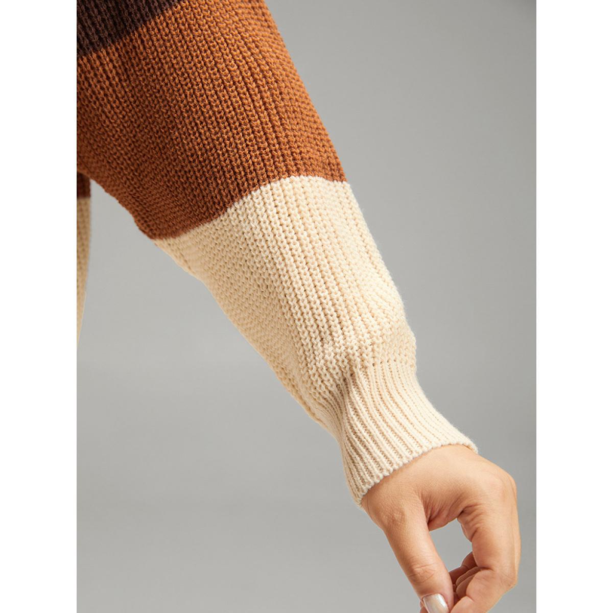 Plus Size Colorblock Patchwork Split Side Drop Shoulder Pullover Multicolor Women Casual Loose Long Sleeve V-neck Dailywear Pullovers BloomChic 22-24/3X Product Image