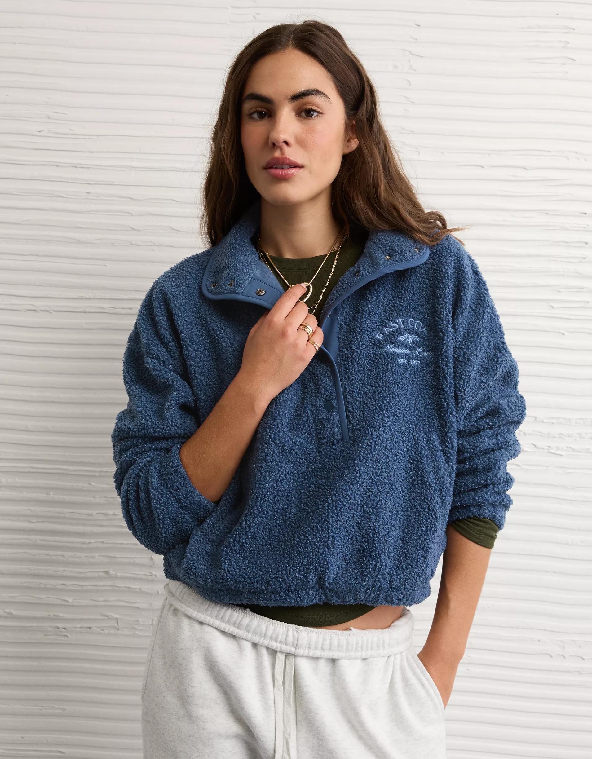 AE Sherpa Fleece Graphic Henley Sweatshirt Product Image