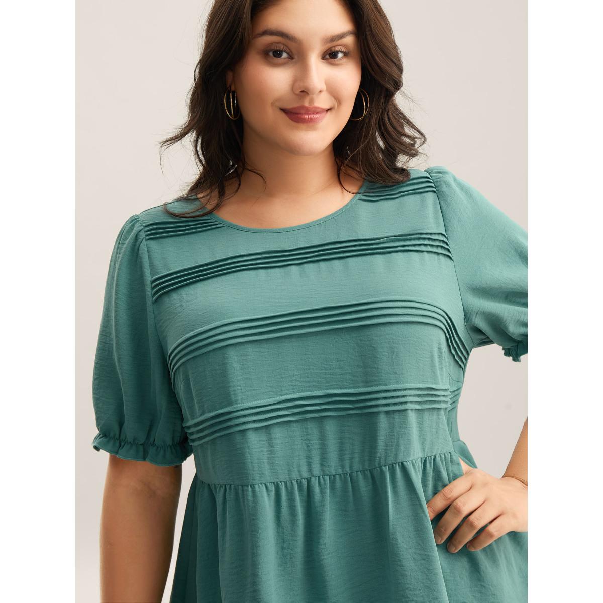 Plus Size Teal Pleated Bodice Puff Sleeve Plain Top Women Short sleeve Round Neck Everyday-Casual Blouses BloomChic 26/4X Product Image