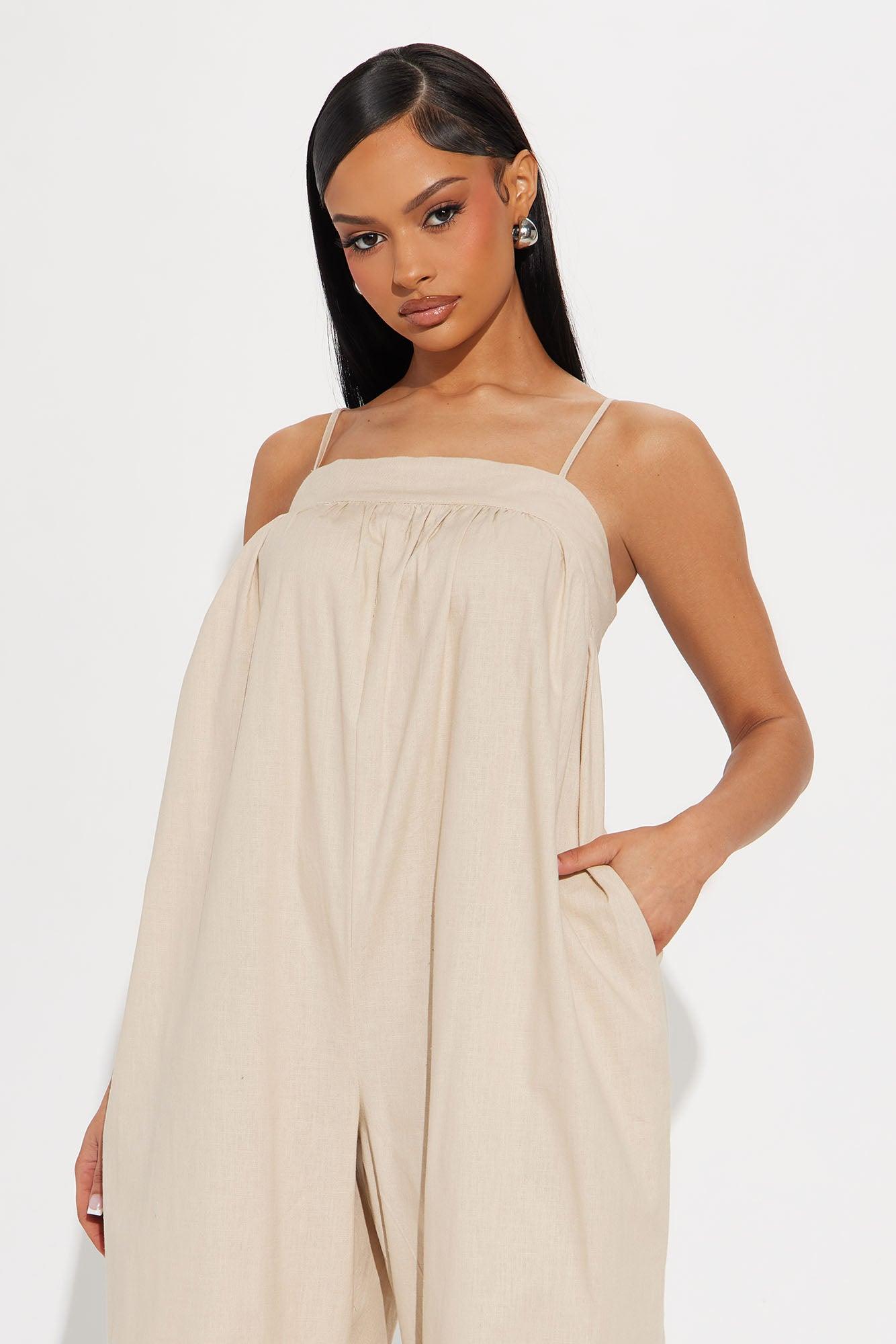 Walk On The Beach Linen Jumpsuit - Beige Product Image