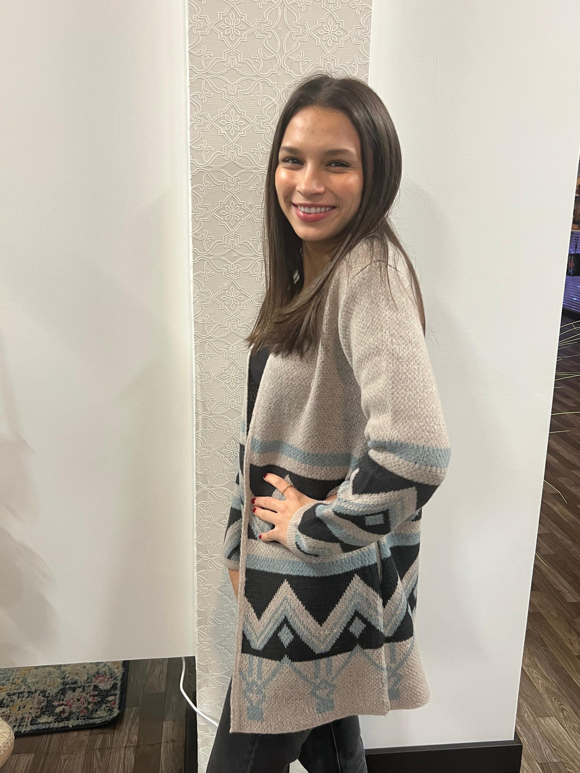 Women's Long Sleeve Gray Southwest Print Cardigan Sweater Product Image