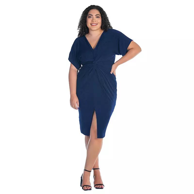 Plus Size 24Seven Comfort Apparel Short Sleeve V-Neck Twist Front Split-Hem Dress, Women's, Size: 2XL, Hunter Product Image