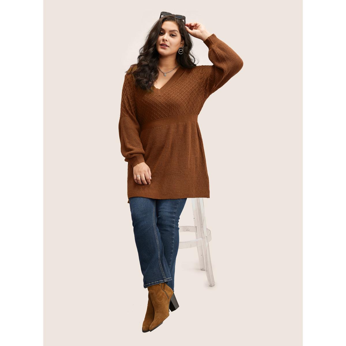 Plus Size Plain Plisse Lantern Sleeve A Line Pullover Chocolate Women Elegant Long Sleeve V-neck Everyday Pullovers BloomChic 30/6X Product Image