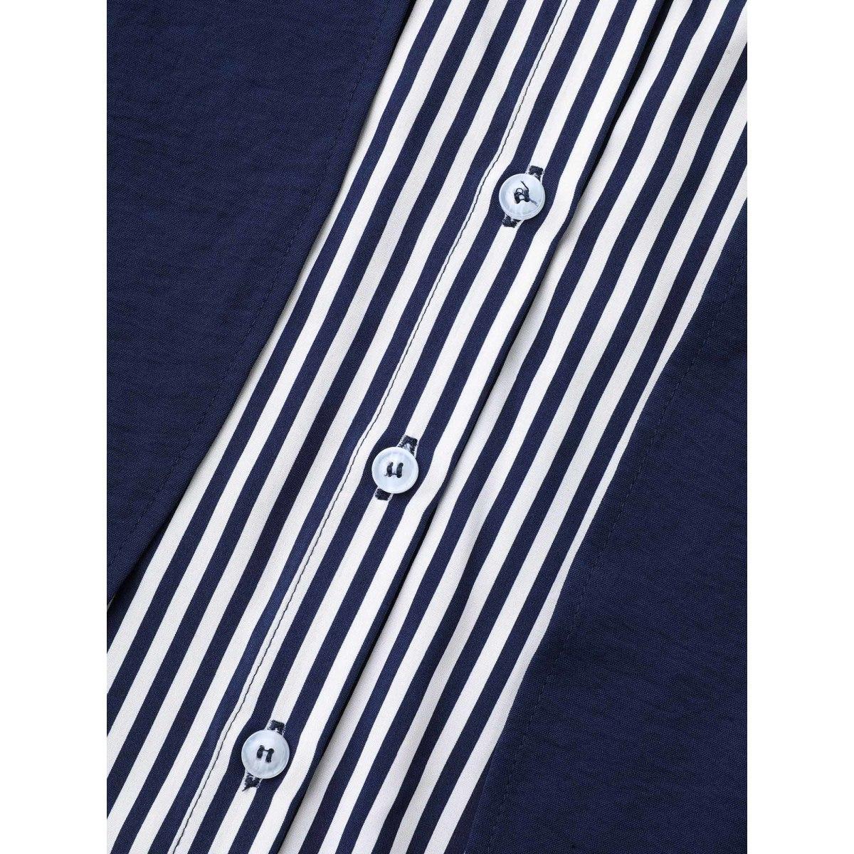 Plus Size Indigo Shirt Collar Patchwork Striped Blouse Women Office Extra Long Sleeve Square Neck Office Blouses BloomChic 28/5X Product Image