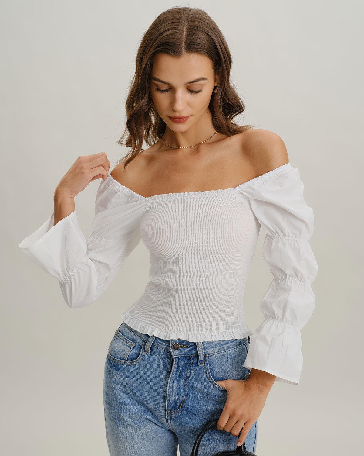 White Square Neck Shirred Blouse Product Image