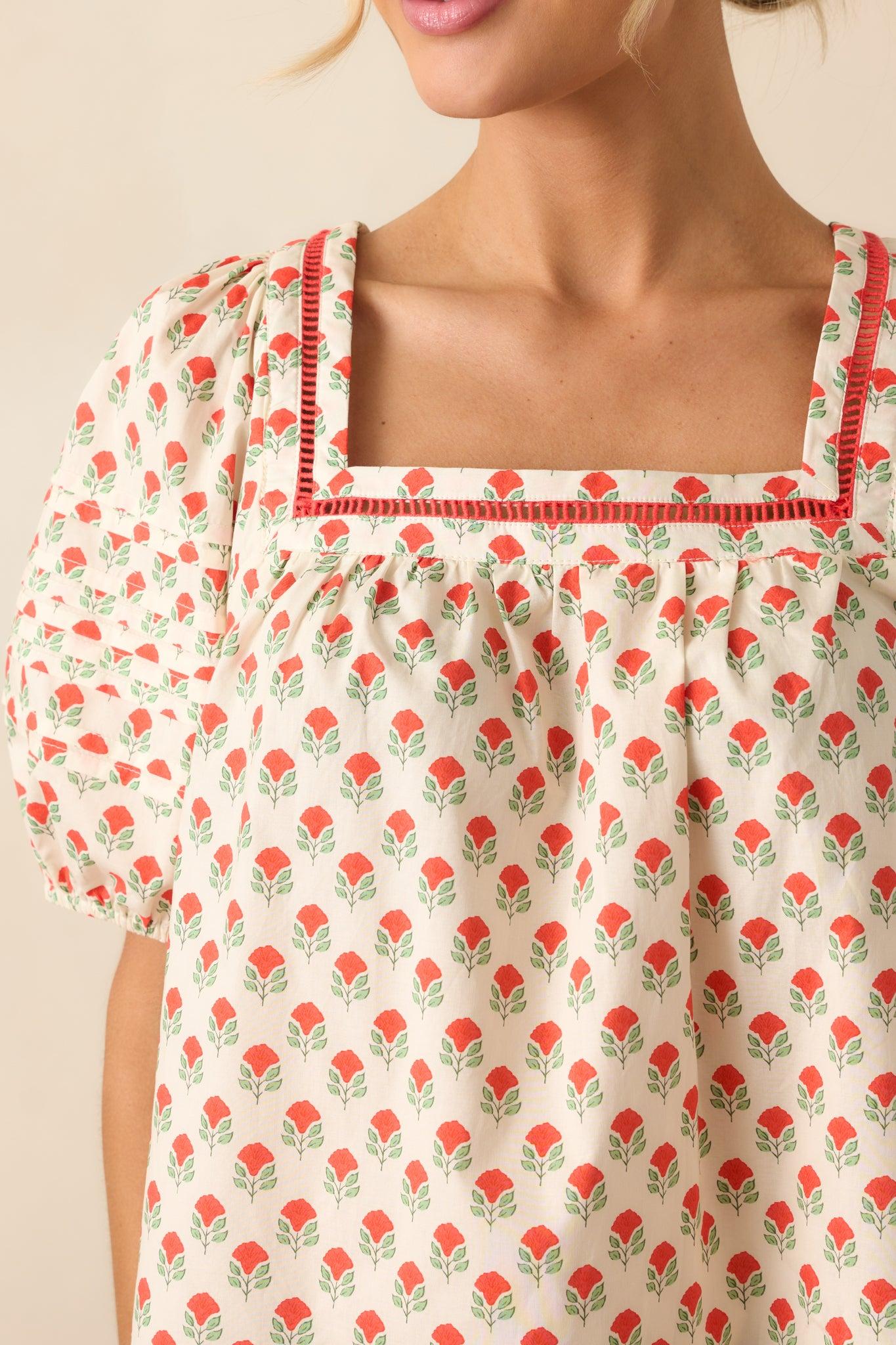 Right Where You Are Red Floral Cotton Puff Sleeve Top Product Image