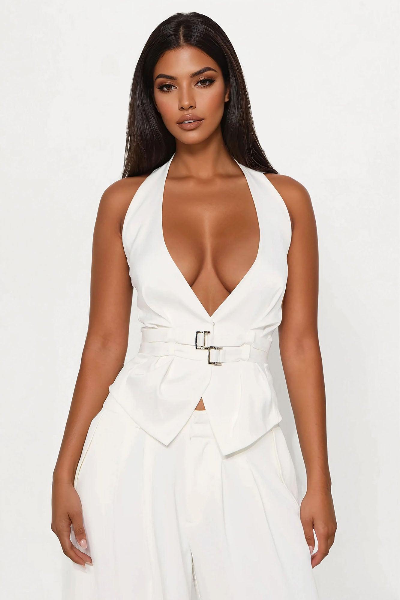 Nikki Satin Belted Halter Vest Top - Ivory Female Product Image