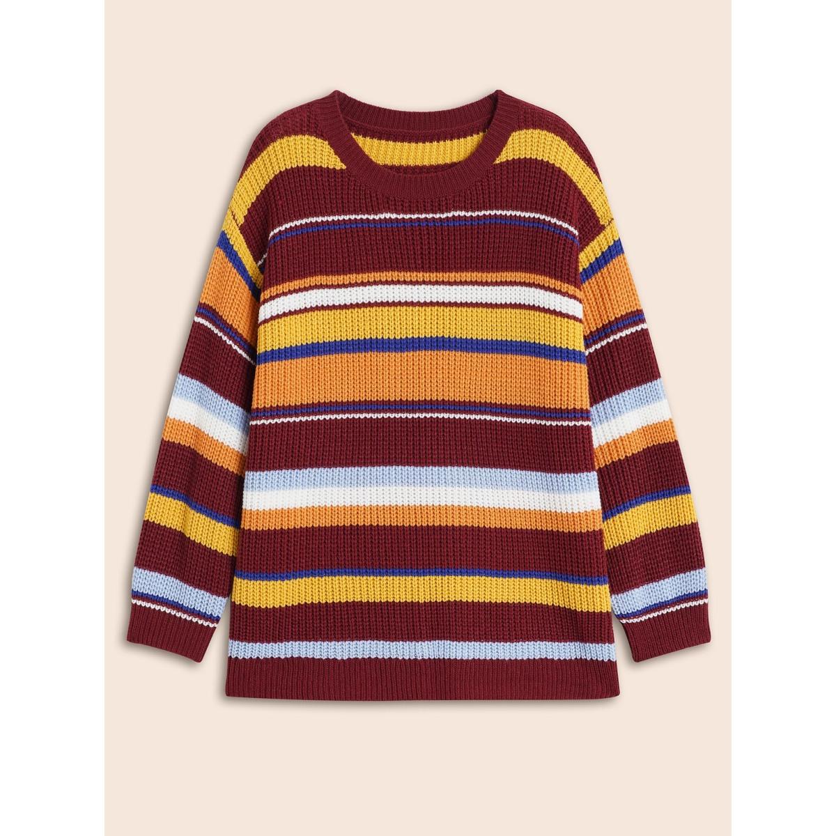 Plus Size Striped Contrast Drop Shoulder Sleeve Pullover Multicolor Women Casual Long Sleeve Round Neck Everyday Pullovers BloomChic 28/5X Product Image