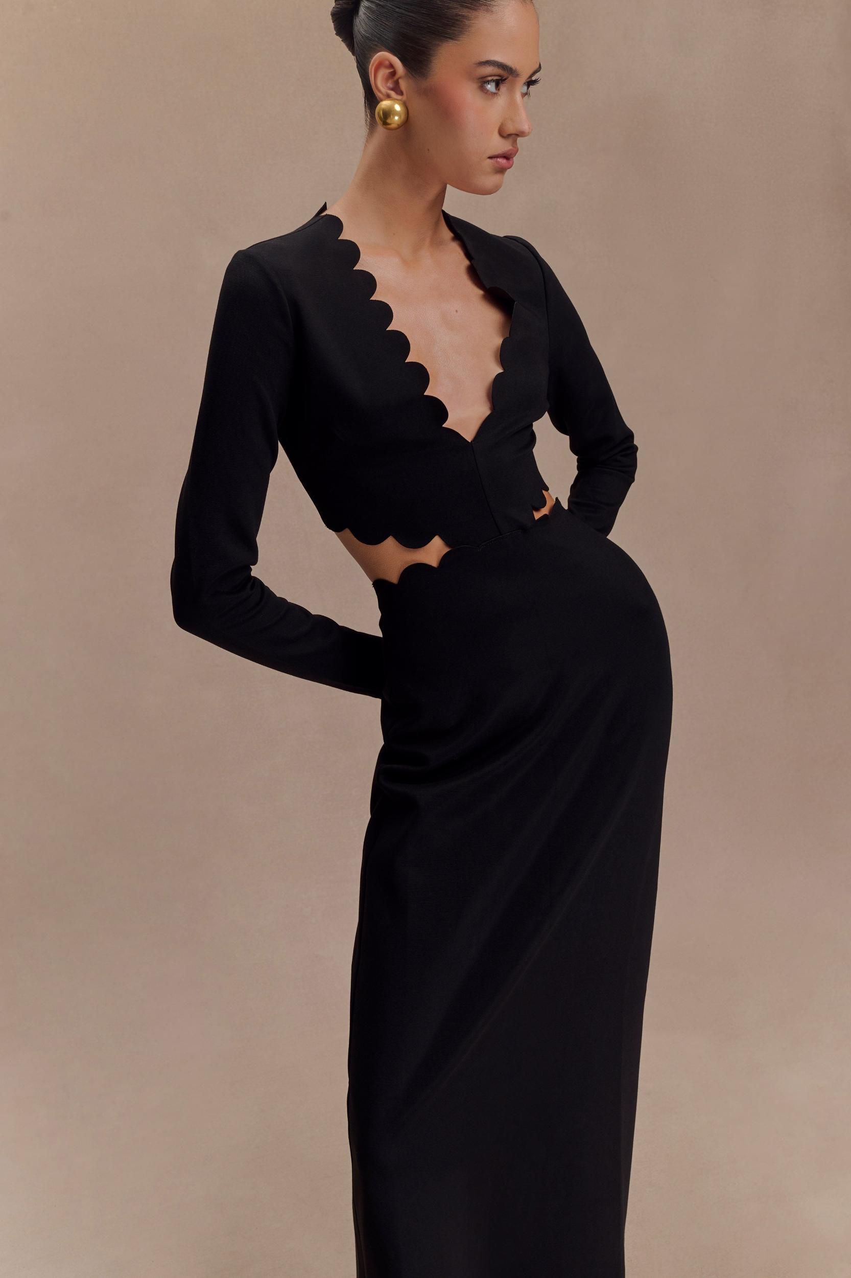 Cynthia Scalloped Halter Maxi Dress - Black Product Image