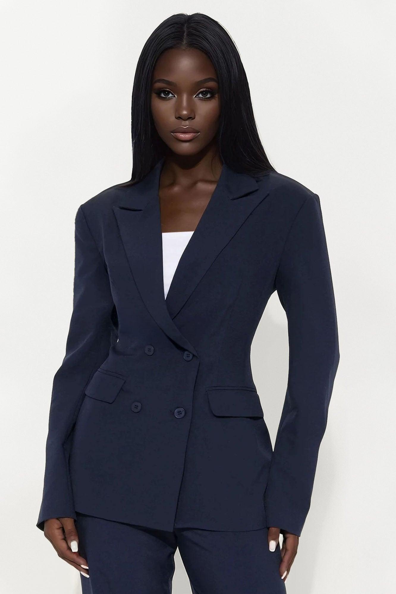 Ceo Double Breasted Fitted Waist Blazer And Pant Set - Navy Female Product Image