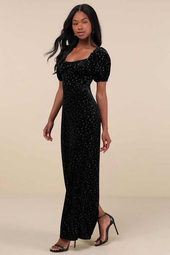 Expert Charm Black Ditsy Floral Velvet Puff Sleeve Maxi Dress Product Image