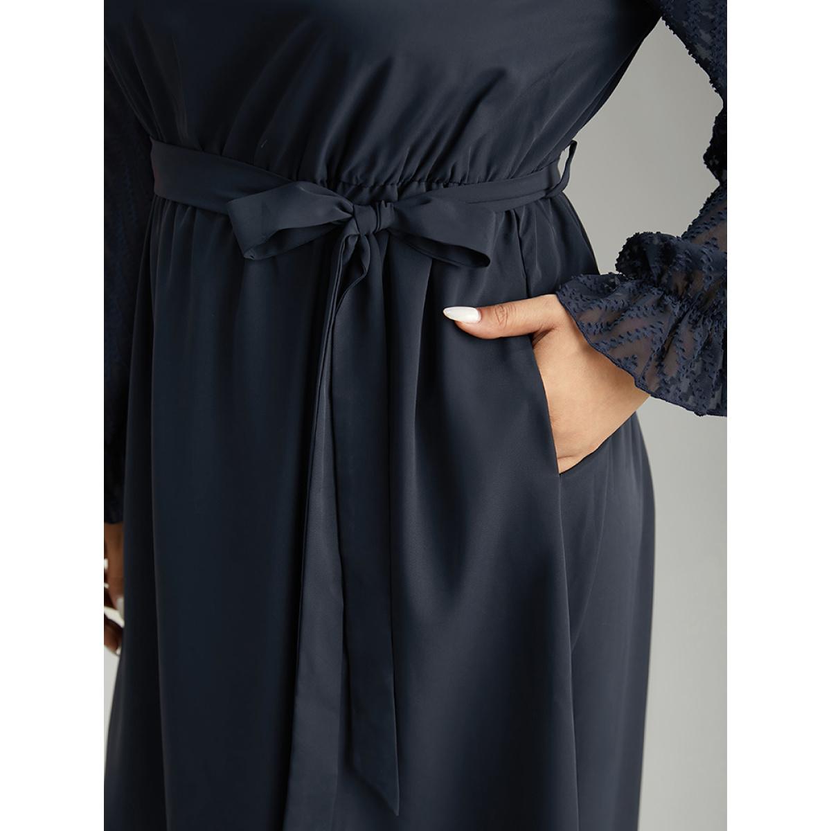 Plus Size Twill Mesh Patchwork Belted Plicated Detail Dress DarkBlue Women Elegant Texture Mock Neck Long Sleeve Curvy Midi Dress BloomChic 22-24/3X Product Image