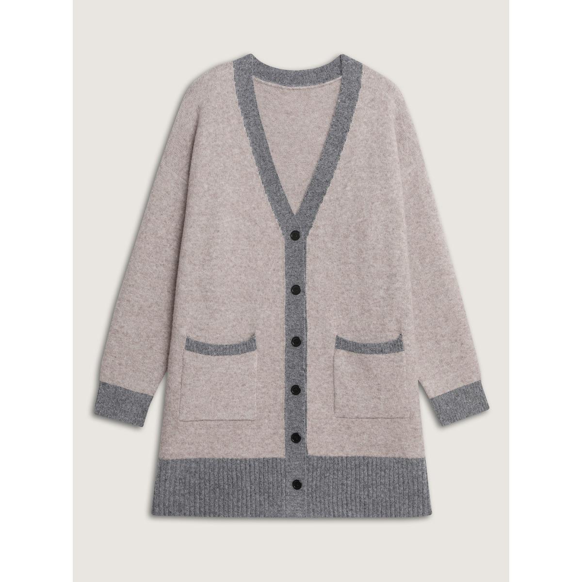 Plus Size Color Contrast Buttons Pockets Knit Cardigan LightBrown Women Leisure Loose Long Sleeve Casual Cardigans BloomChic 10/M Product Image