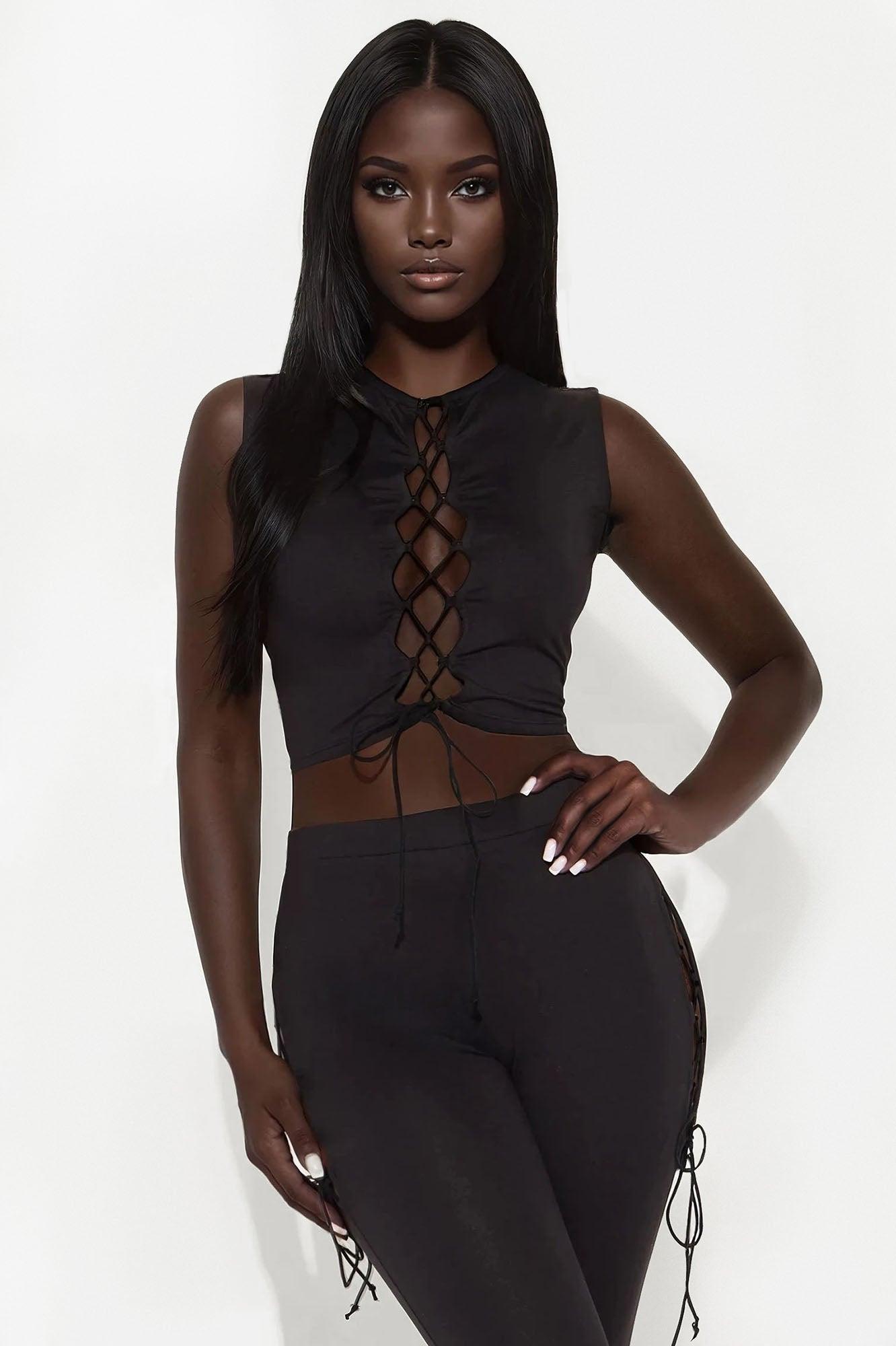 Emani Sleeveless Lace Up Flare Leg Pant Set - Black Female Product Image