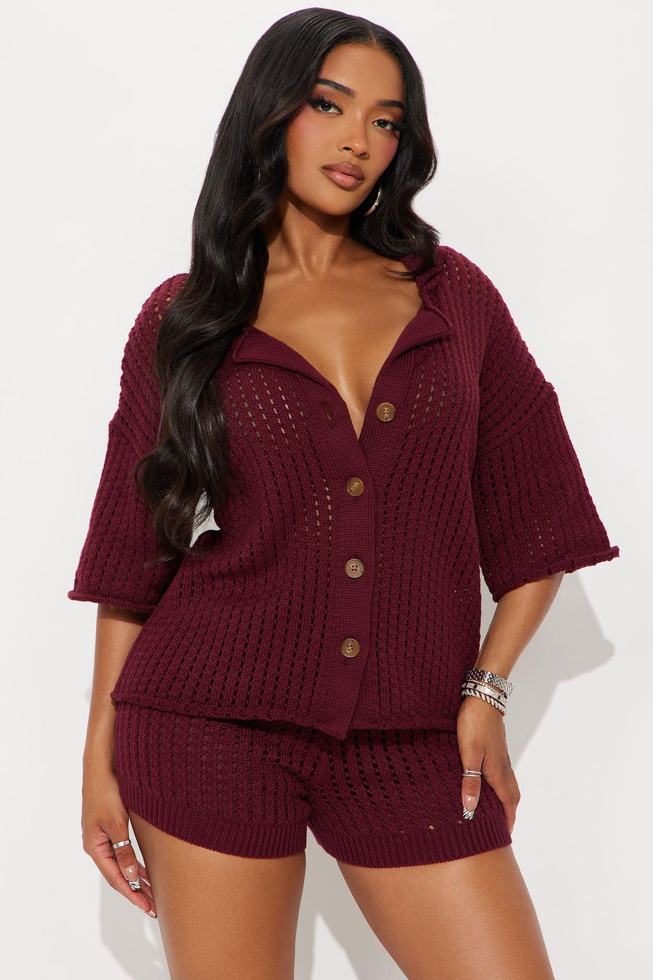 Sandy Crochet Short Set - Burgundy Female Product Image
