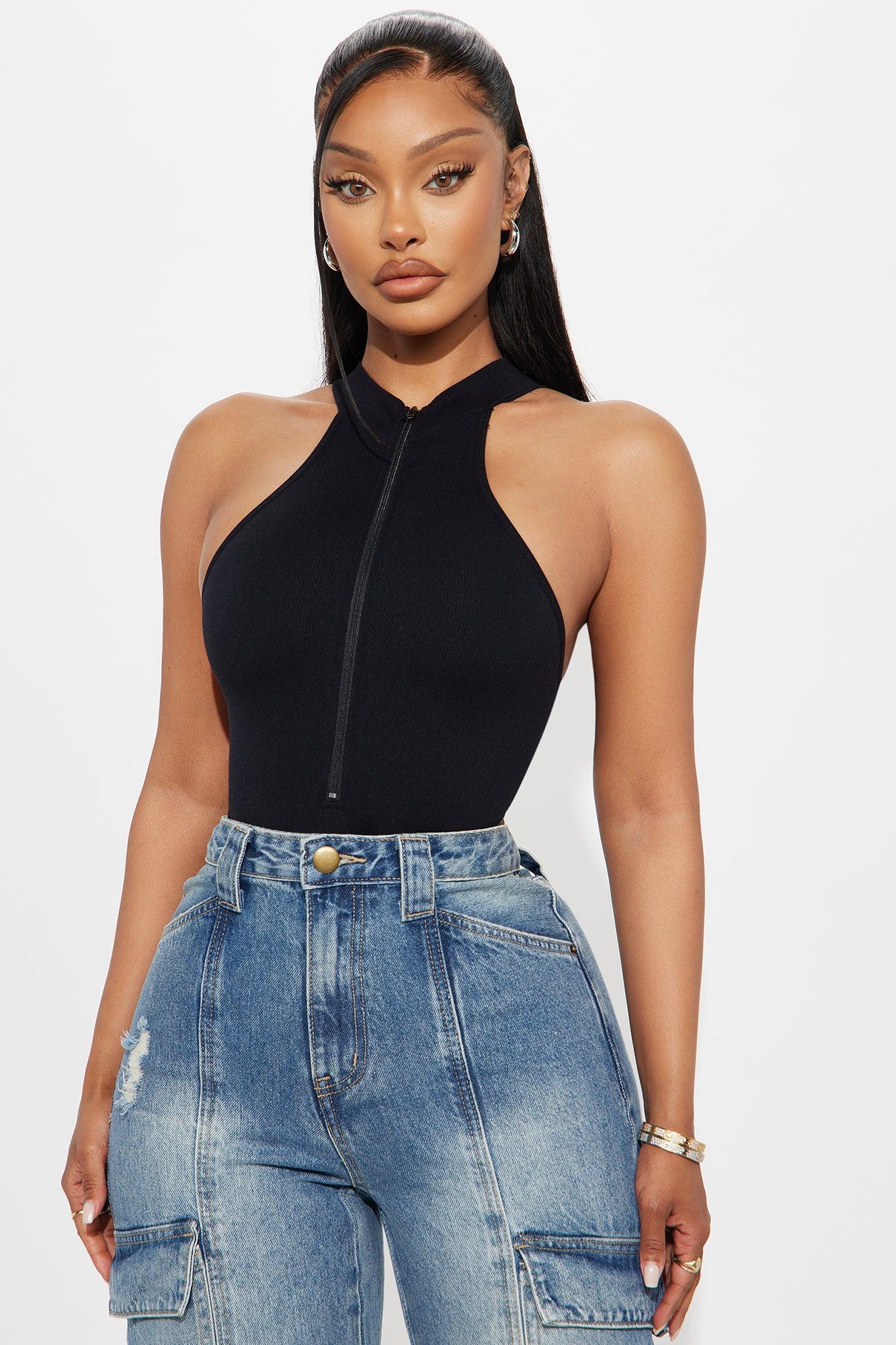 Zip It Mock Neck High Cut Bodysuit - Black Product Image
