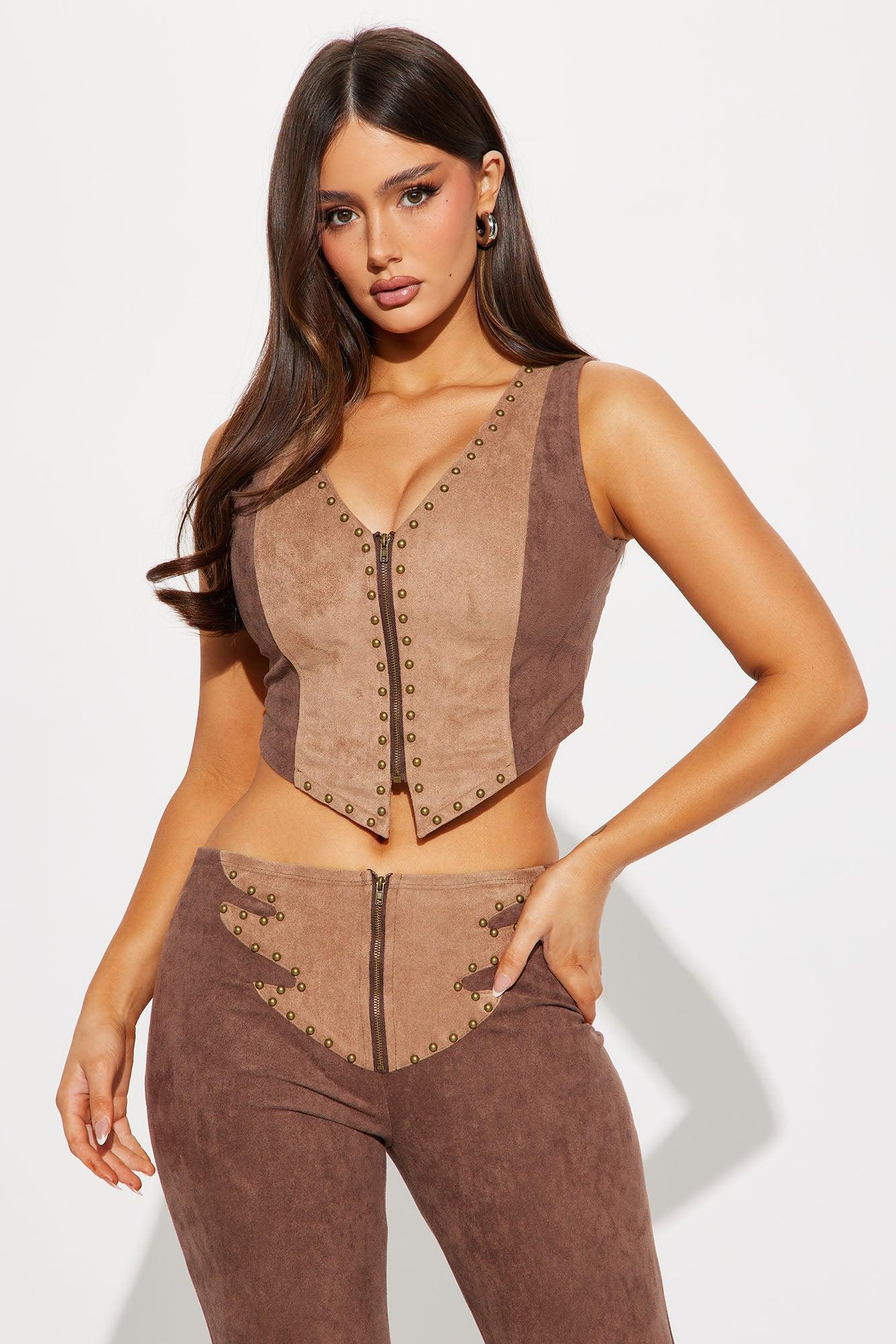 Howdy Partner Faux Suede Fringe Pant Set - Brown Product Image