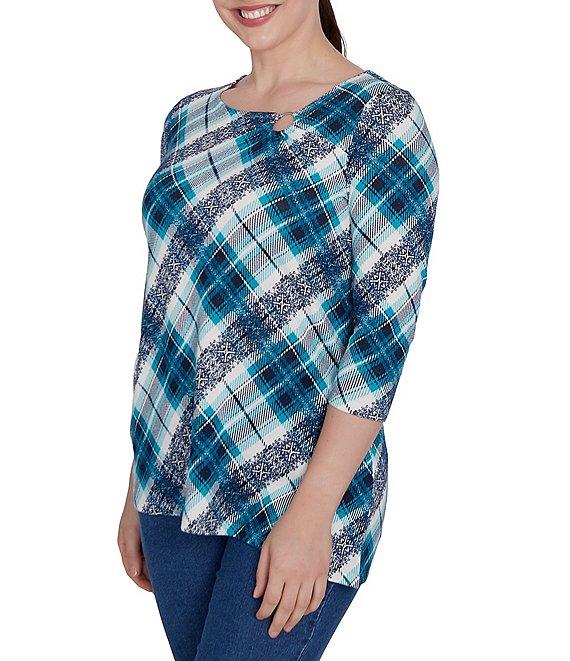 Ruby Rd. Knit Plaid O-Ring Detail Crew Neck 3/4 Sleeve Hatchi Top Product Image