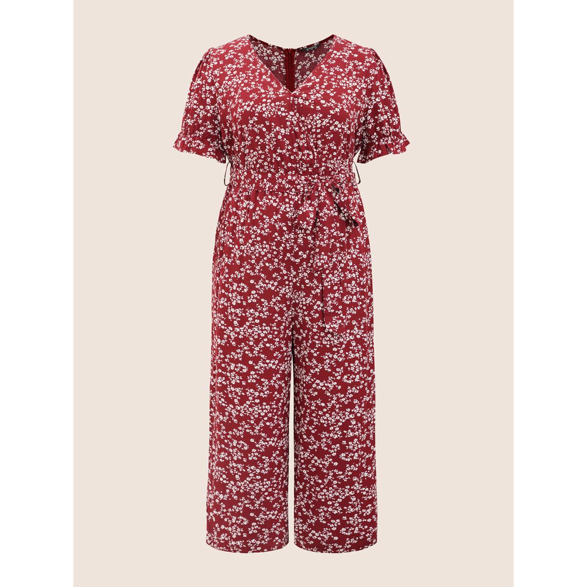 Plus Size RedViolet Ditsy Floral Wrap Belted Gathered Jumpsuit Women Elegant Short sleeve Overlap Collar Everyday Loose Jumpsuits BloomChic 18-20/2X Product Image