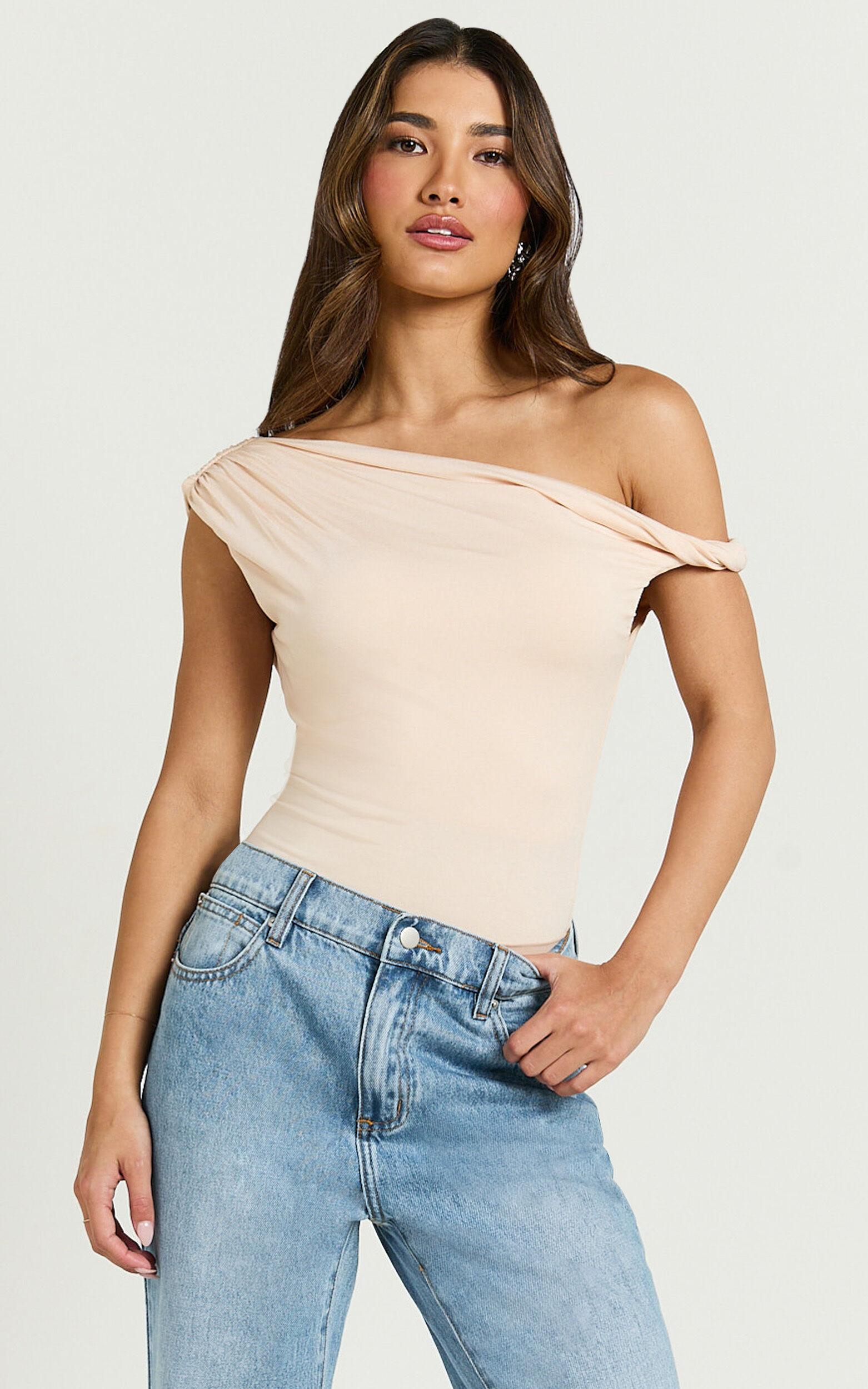 Jialeen Top - Off Shoulder Twist Asymmetrical Sleeve Top in Sand Product Image